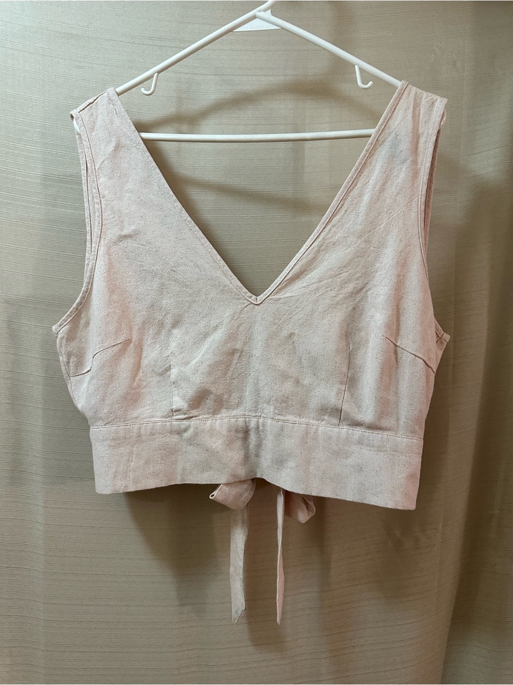 Linen Blend V Neck Tie-Back Crop Top In Natural Cream, Vero Moda, EUC